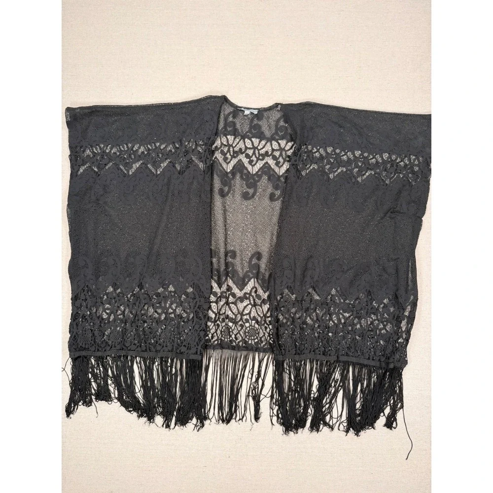 Charlotte Russe Black Lace Fringe Kimono Wrap Open Front Cardigan Small Boho